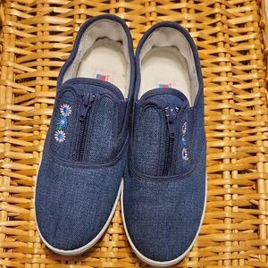 Denim Slip-On Sneakers with Floral Embroidery